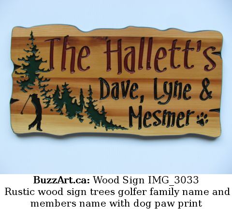 Rustic wood sign trees golfer family name and members name with dog paw print